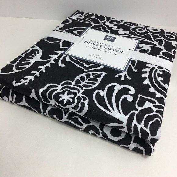 Pottery Barn Teen Dorm Duvet Cover Twin Bloom Doodle Black White Cotton Floral - Picture 10 of 12